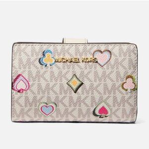 New Michael Kors Jet Set Medium Printed Signature Logo Wallet Light Cream Multi